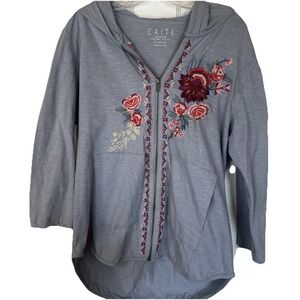 Caite Jacket Women's Gray Embroidered Boho Zip Floral Cotton Size XL